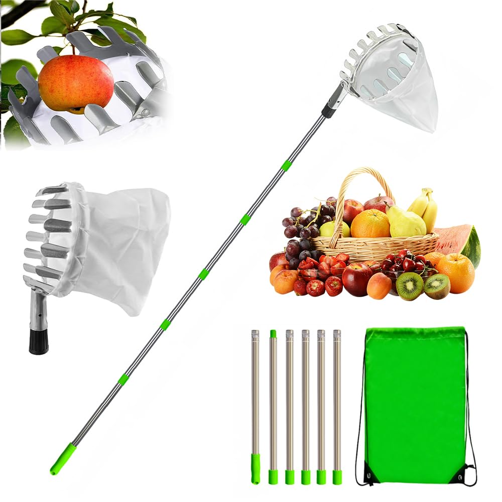 YANGUN Apple Picker with Telescopic Handle, Fruit Picker Tool with Stainless Steel Connecting Pole and Fabric Bag, Fruit Harvester Berry Picker, Fruit Grabber for Cherry Lemon Orange Pear (2.4 Meter)