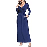 Lacavocor Women's Long Sleeve Deep V Neck Maxi Dress Casual Wrap Waist Long Dress with Pockets
