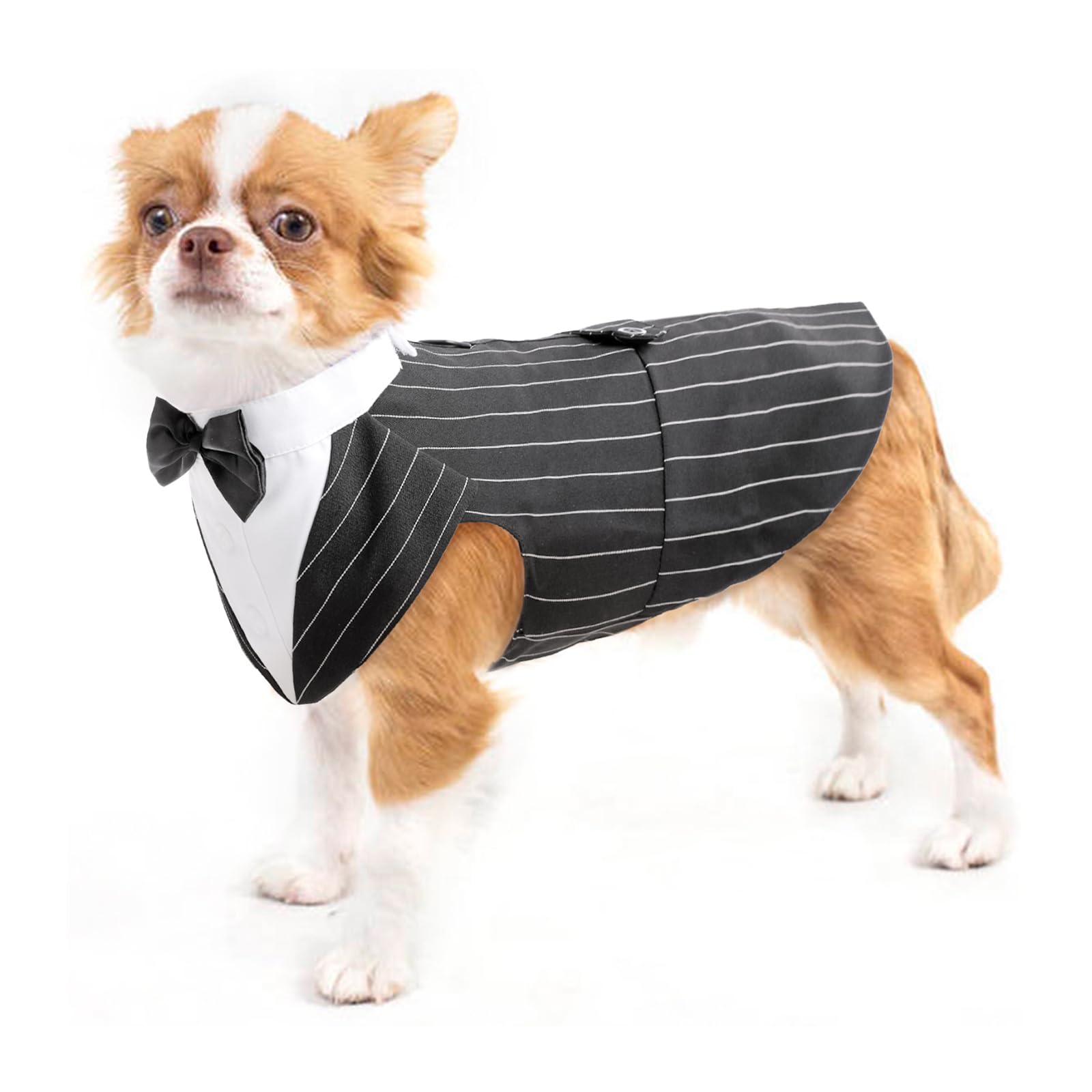 Dog Tuxedo Suit, Dog Clothes Coton Wedding Party Costume Puppy Formal Outfit Festival Shirt Coat Apparel with Detachable Bow Tie Bandana(Black Strips, S)