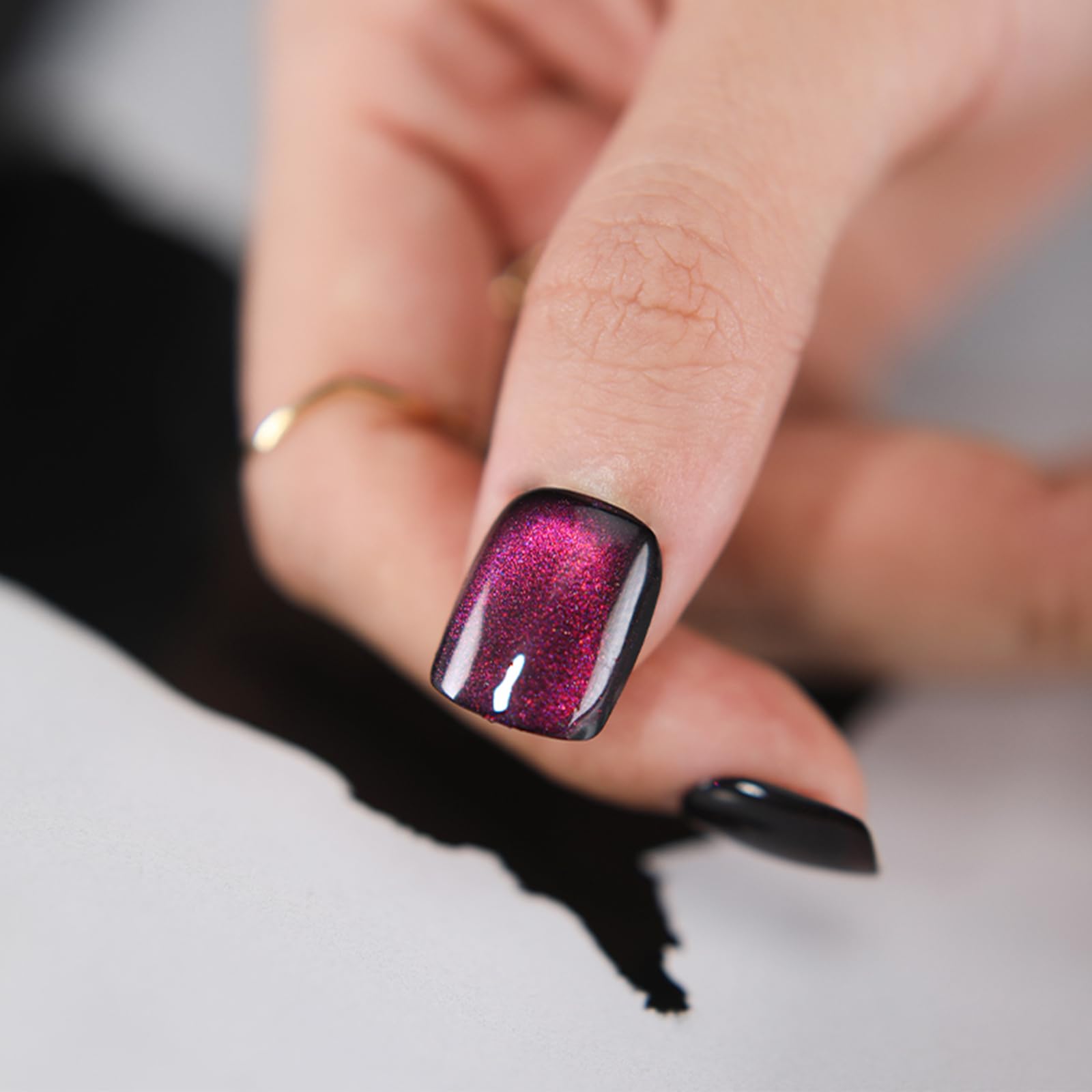 Press on Nails Short Square MAOTTIE Purple Discoloration Cat Eye False Nails UV Finish Fake Nails Gel Glitter Reusable Glue on Nails Short for Women 12 Size-24 Pcs - Image 2
