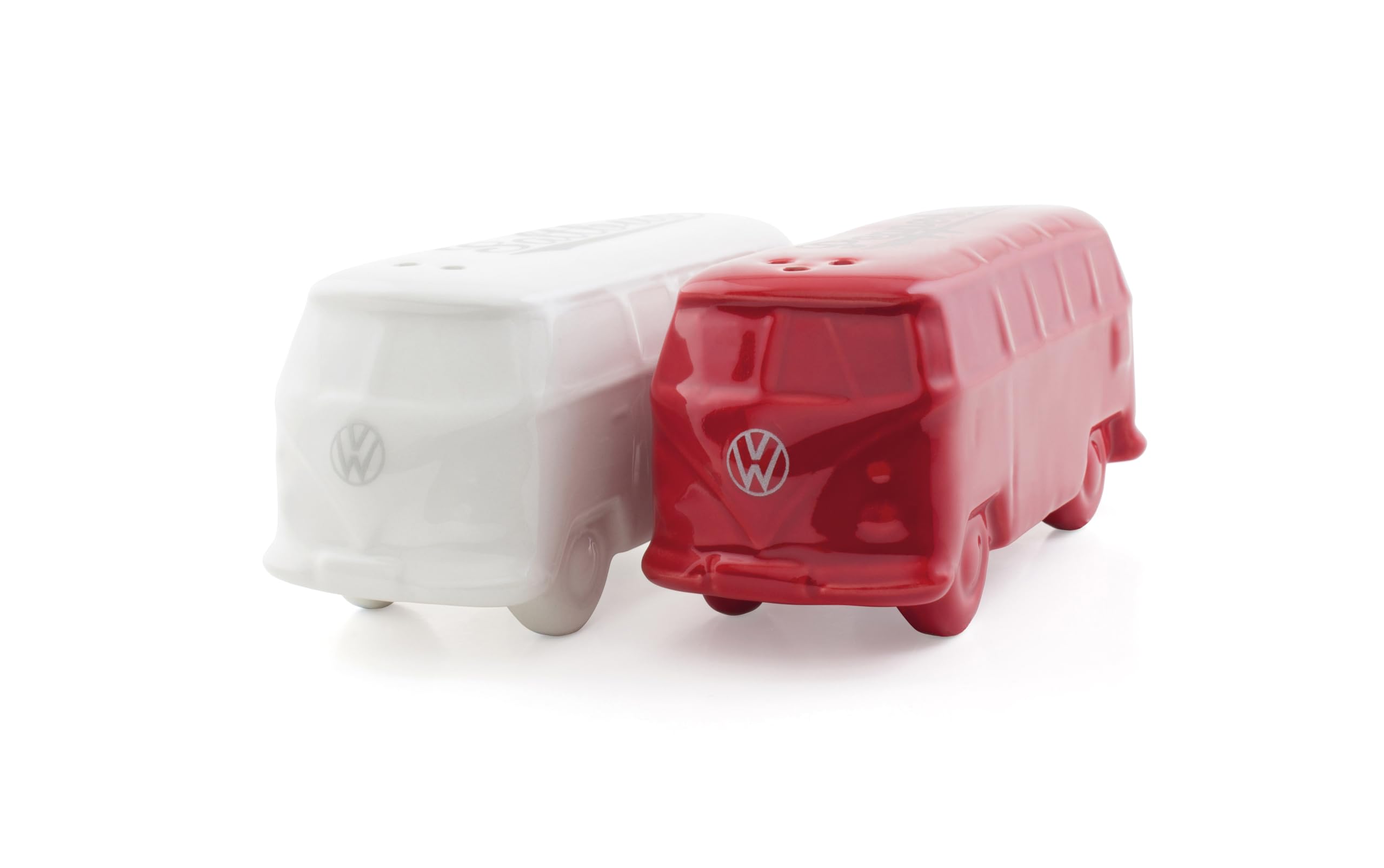 BRISA VW Collection - Volkswagen Salt & Pepper Shakers Seasoning Dispenser in Ceramic with T1 Bus Campervan Design 2-Piece Set (Classic Bus/White & Red)