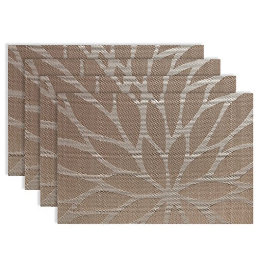 Famibay Washable Place Mats - Heat Insulation PVC Placemats Stain-resistant Woven Vinyl Table Mats for Kitchen Set of 4 - 30x45 cm (Floral Coffee)