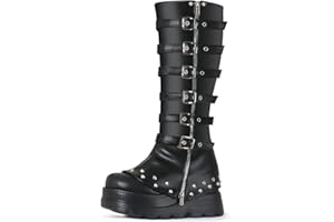 FIFSY Women's Knee High Boots Goth Platform Buckle Boots Punk Wedge Heels Boots Cosplay Party Costume Booties