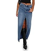 Fisoew Women's Long Denim Maxi Skirts High Waisted Frayed Hem Western Split Jean Skirt Streetwear