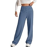 EVALESS Womens High Waist Button Stretchy Work Pants Straight Leg Office Dress Pant Business Casual Trousers with Pocket