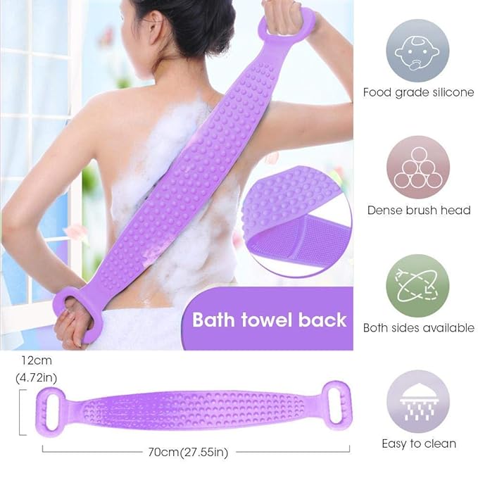 MOHAK Silicone Dual Sided Back Scrubber Brush and Massager Shower Belt Double Sided Shower Exfoliating Belt for All Kinds of Skin (Multi color)
