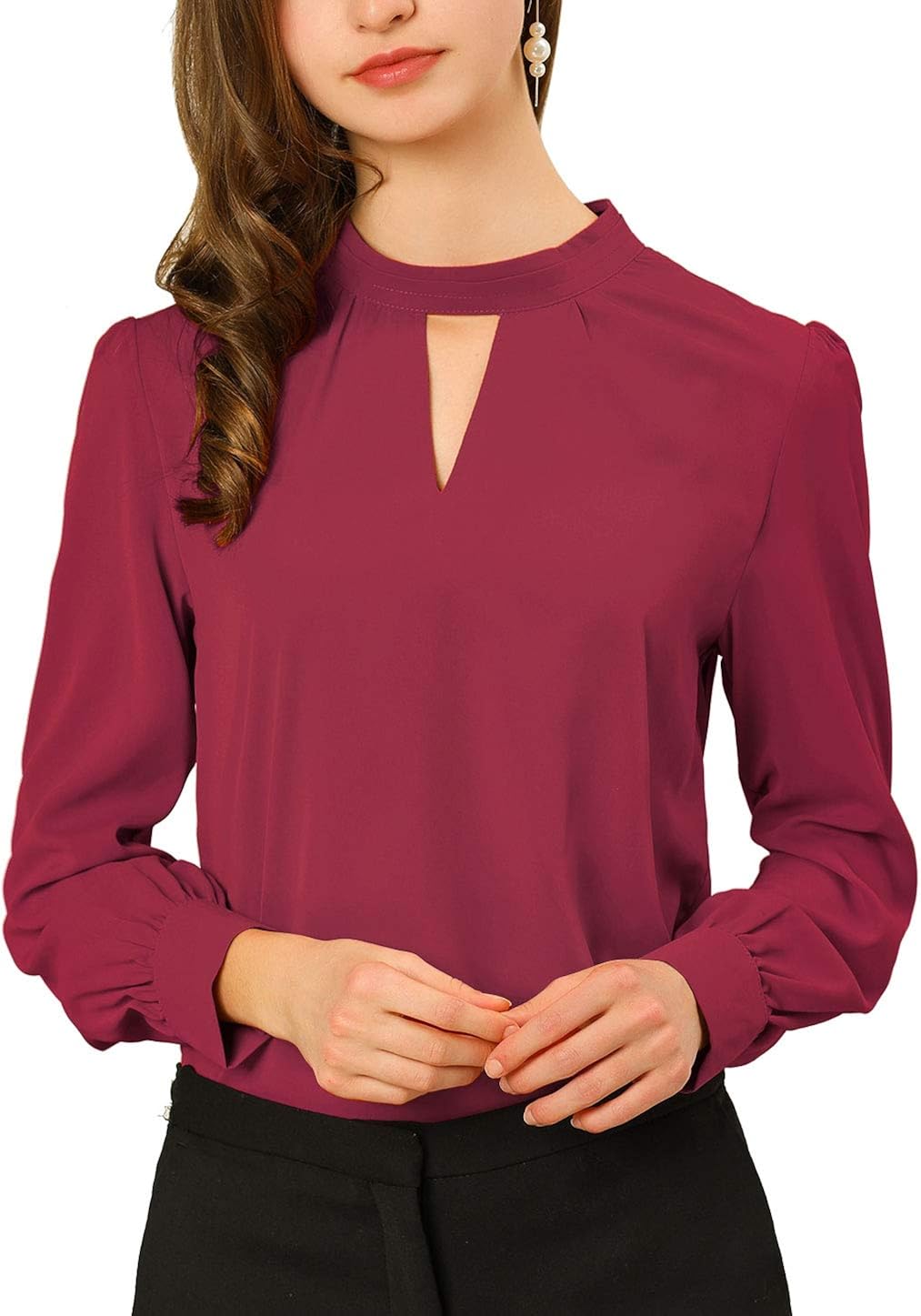 Allegra K Women's Work Office Shirt Keyhole Elegant Stand Collar Long Sleeve Chiffon Blouses