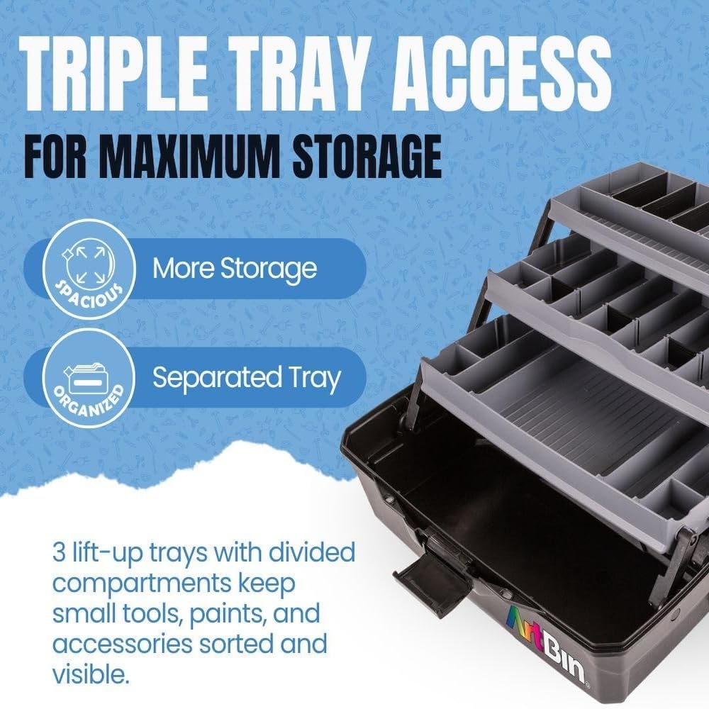ArtBin 3-Tray Art Supply Box Versatile Organizer for Brushes, Paints, Stamps, and More - Durable Hard Plastic, Secure Closure, Portable with Top Trays and Dividers