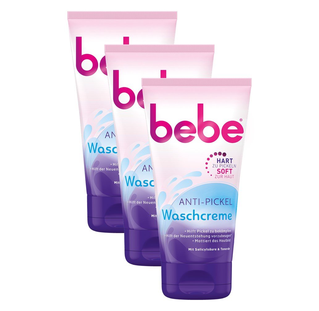 Bebe Anti-Acne Cream Wash with Triple Effect Gentle Facial Cleanser of Spots with Salicylic Acid & Clay/3 x 150ml