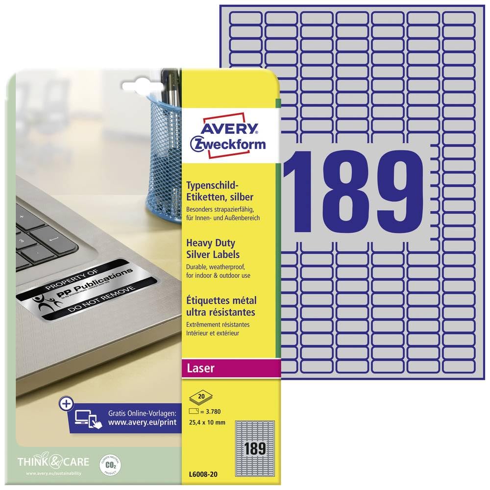 Avery L6008-20 Extra-Strong Adhesive, Tamperproof, Heavy Duty Labels, 189 Labels Per A4 Sheet - Silver, 25.4 x 10 millimetres