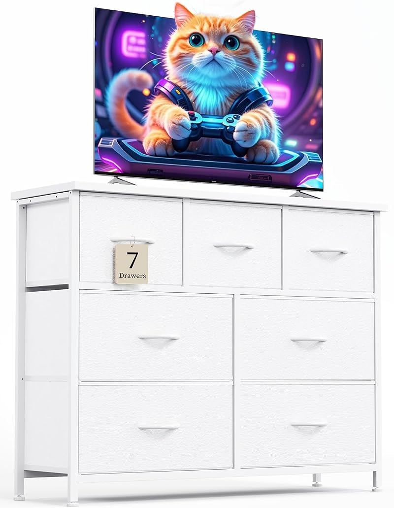 CAIYUN 7-Drawer Chest of Drawers Tall White Fabric Storage Dresser