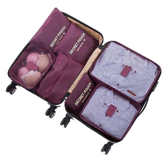 7 Set Kleidertaschen - 3 Packwürfel + 3 Taschen Tasche + 1 Schuhtasche - Perfekter Reisegepäck-Organizer?Wine red?