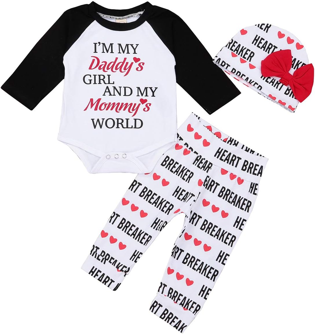 Camidy Newborn Baby Valentine's Day Outfits Set Rompers Pants Hat for Infant Boys Girls