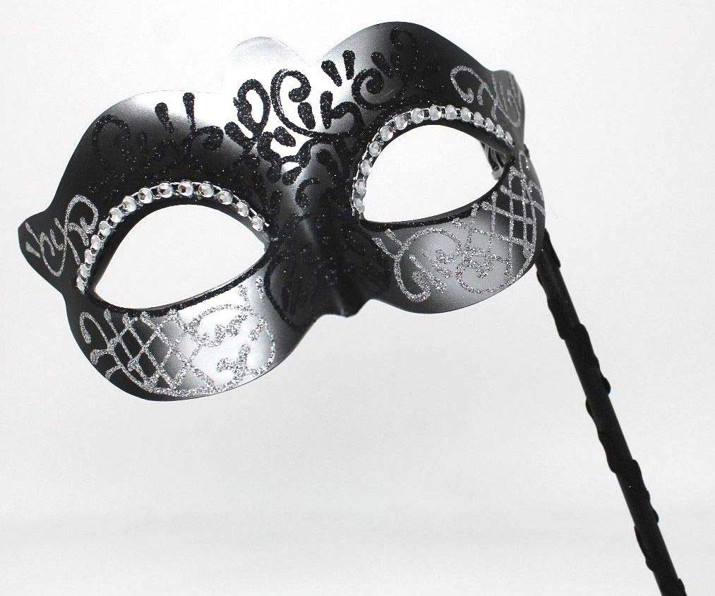 LADIES BLACK & SILVER CRYSTAL JEWELLED EYES VENETIAN MASQUERADE CARNIVAL PARTY EYE BALL MASK ON A STICK