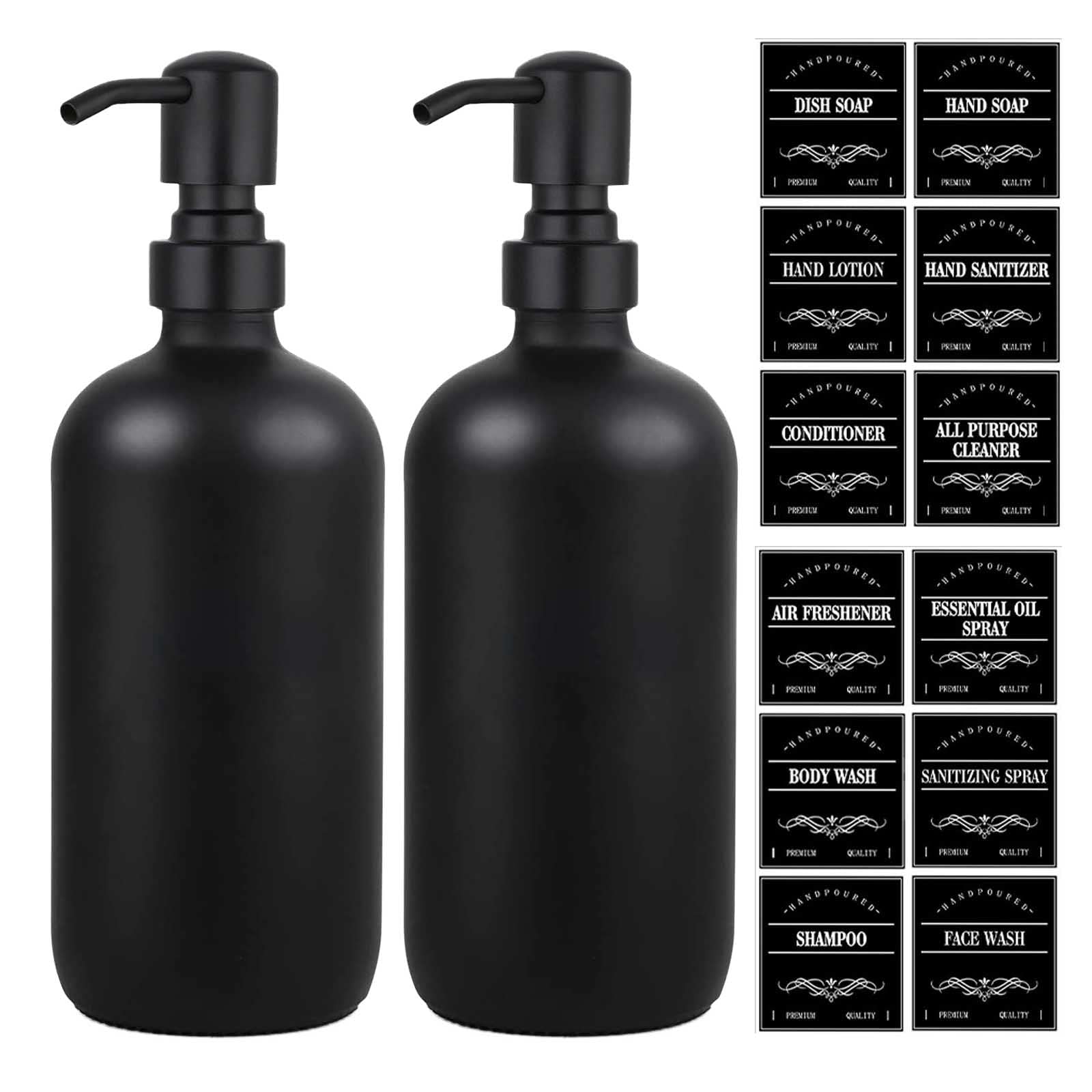 Black Soap Dispenser - Glass Bottle with Stainless Steel Pump, Contains Hand and Dish Soap, Includes 12 Waterproof Labels