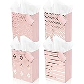 Lyforpyton 9 Inch 4Pcs Pink Medium Gift Bag with Tissue Paper, Suitable for Birthday Parties, Weddings, Baby Shower, Mothers Day and Other Occasion