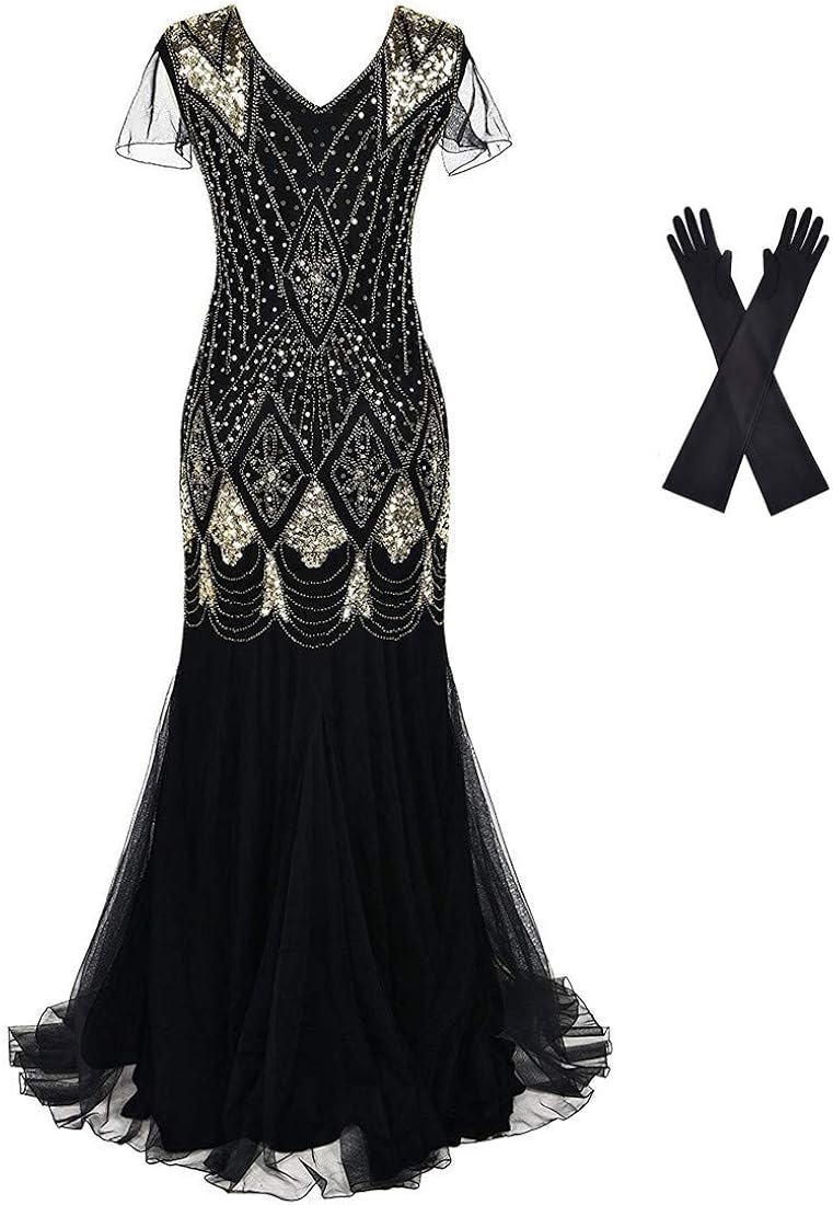 Women Evening Dress 1920s Flapper Cocktail Mermaid Plus Size Formal Gown with Long Gloves