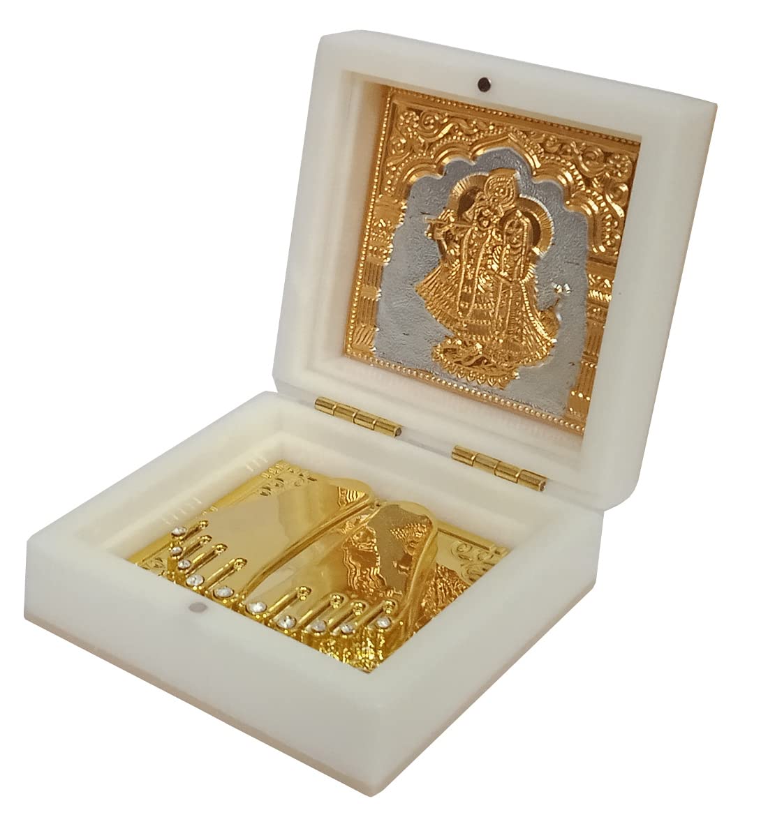 Purpledip Resin Puja Puja Statue: Radha Krishna With Golden Feet Paduka In Decorative Box For Travel Or Gifting (12394D)