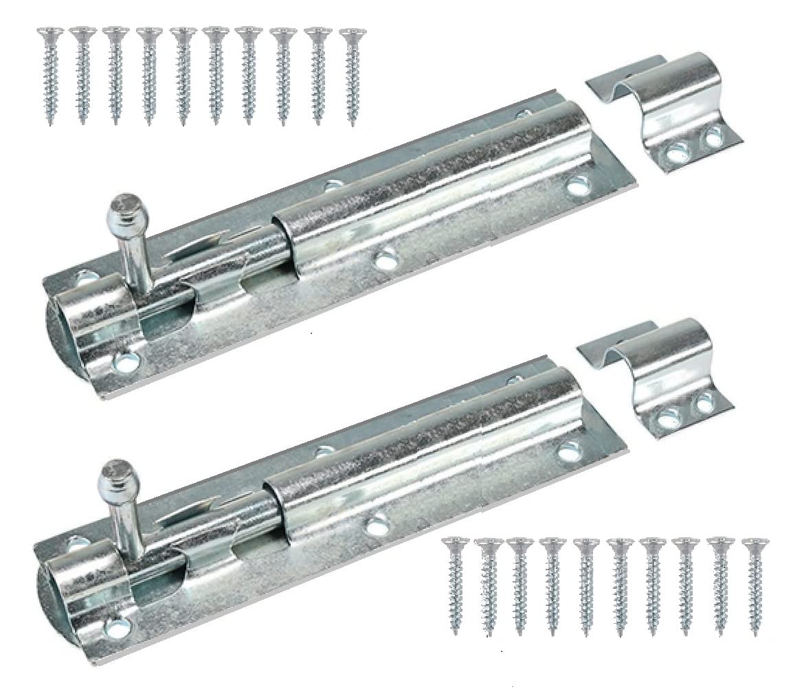 TERF Heavy Duty Tower Door Bolt Barrel Slide Lock Zinc 200mm [8''] Latch with Screws Ideal for Internal and External Strong Doors Locks Garage Shed Garden Gate Multi Use - Pack of 2, Silver
