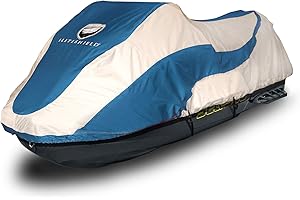 EliteShield Trailerable Jet Ski Cover, Heavy Duty Waterproof Marine Grade 600D Solution-Dyed Polyester PWC Cover, Fits from 136 to 145 Inches 3 Seater, Two Tone Blue/Gray Color