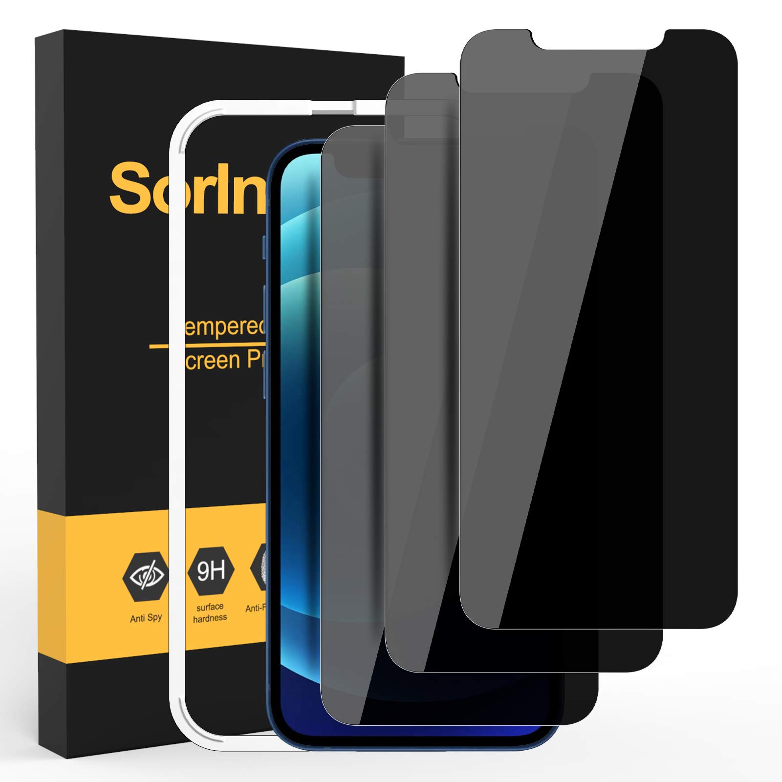 Photo 1 of sorlnern 3-Pack Privacy Screen Protector for iPhone 12/12 Pro Privacy Screen Protector, Anti Spy Tempered Glass Film, 9H Hardness, Sensitive Touch, Bubble-Free, with Easy Installation Tray