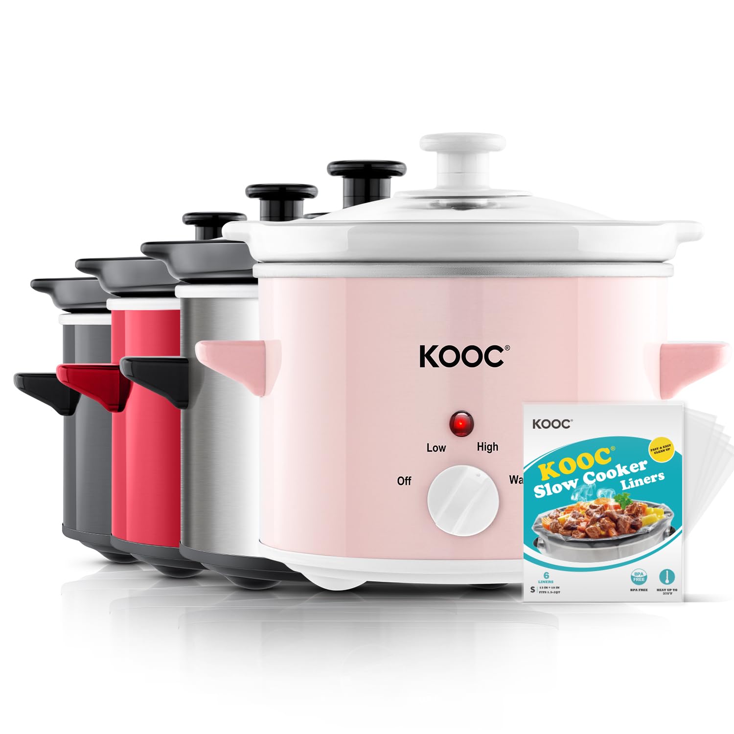 KOOC Small Slow Cooker, 2-Quart, Free Liners Included for Easy Clean-up, Upgraded Ceramic pot, Adjustable Temp, Nutrient Loss Reduction, Stainless Steel, Pink, Round Image