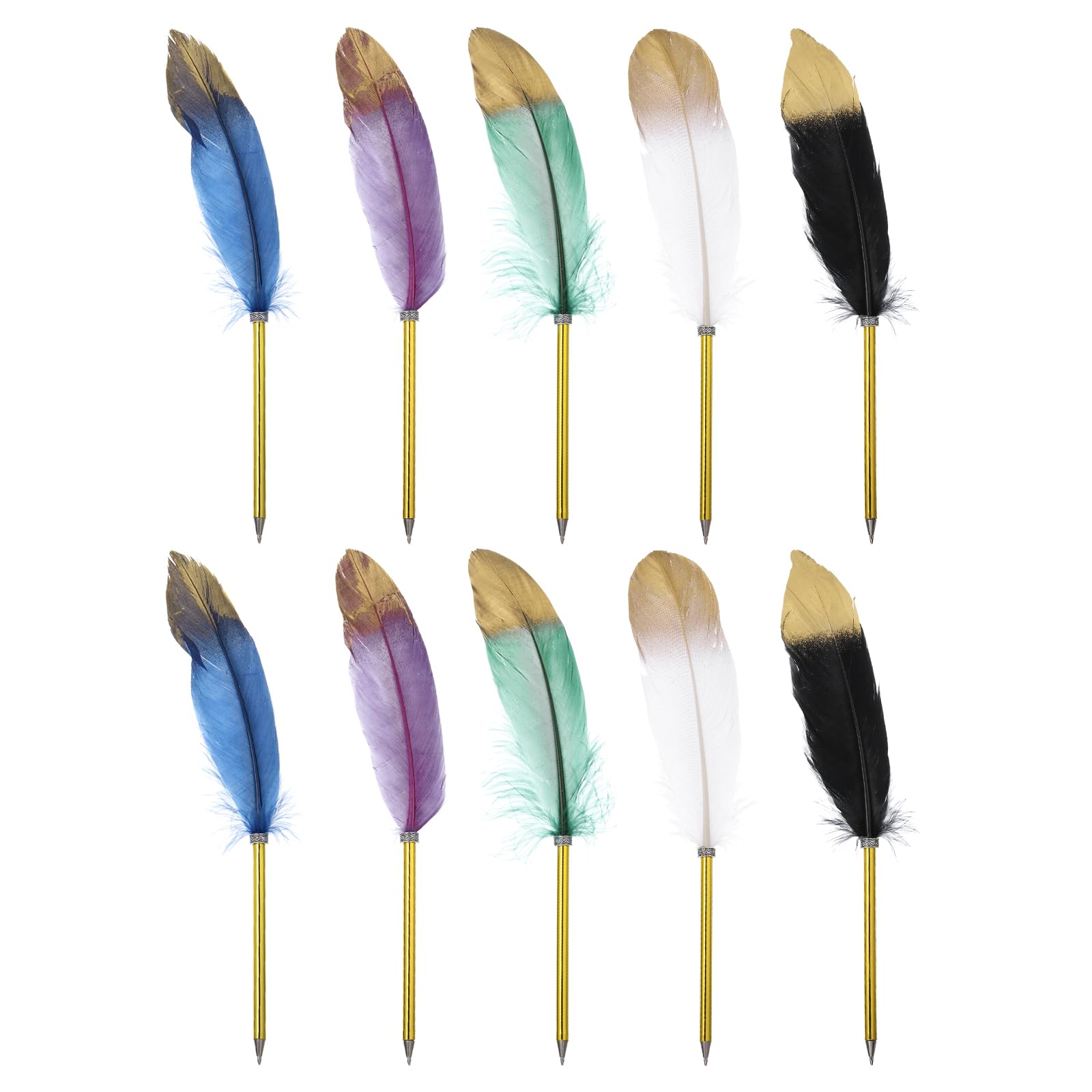PATIKIL 10pcs Feather Ballpoint Pens Bulk 0.5mm Ink Vintage Plated Rod Quill Writing Pens for Office, Wedding Guest Signature