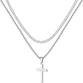 LUXEJEW Cross Necklace for Men Boys - Gold Silver Black Stainless Steel Cross Pendant Necklaces Layered Cuban Link Chain Necklace Jewelry Gifts 16 18 20 22 24 Inches