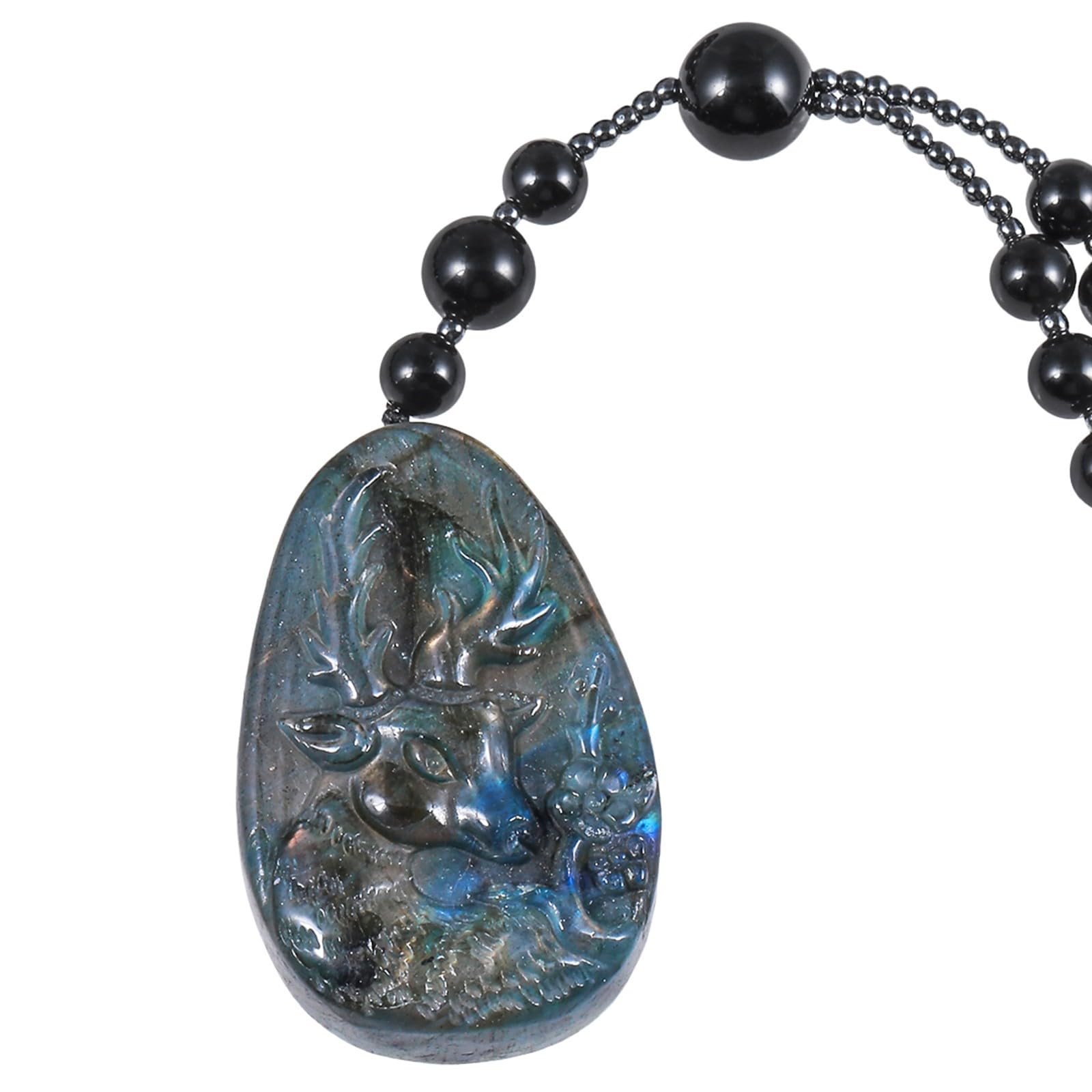 KYEYGWO Natural Labradorite Sika Deer Necklace with Long Beads Chain, Carved Crystal Stone Amulet Pendant Jewellery for Men Women