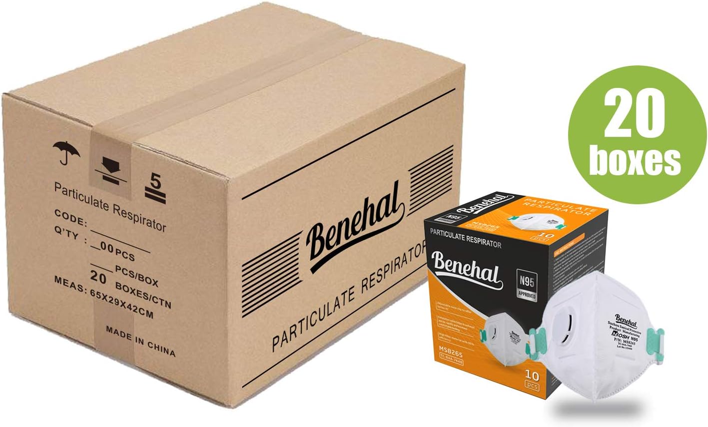 Benehal Disposable Dust Mask,N95 mask-NIOSH Certified-Multi-Layer Protection for Construction,Mowing,Emergency Kits (MS8265-20 boxes)