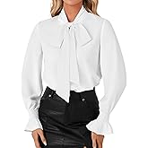 LYANER Women's Bow Tie Front Smocked Long Sleeve Blouse Elegant Office Shirt Top