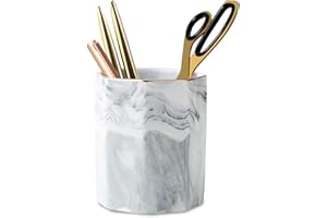 WAVEYU Pen Holder, Pencil Holder, Marble Desk Organizer Cute, Durable Ceramic Pencil Cup, Decorative Makeup Brush Holder Cup, Stationery Holder for Office, School, Home, Gray Marble