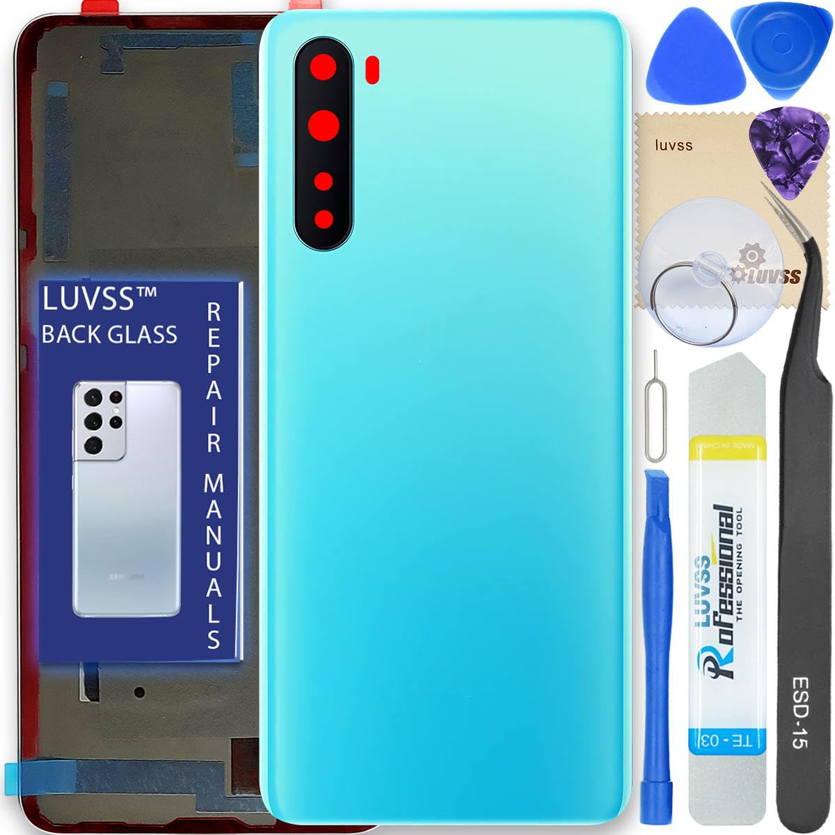 LUVSS Back Glass Cover Replacement Compitable for OnePlus Nord Rear Cover + Camera Lens + Repair Manual DIY Tools Kit (Blue)