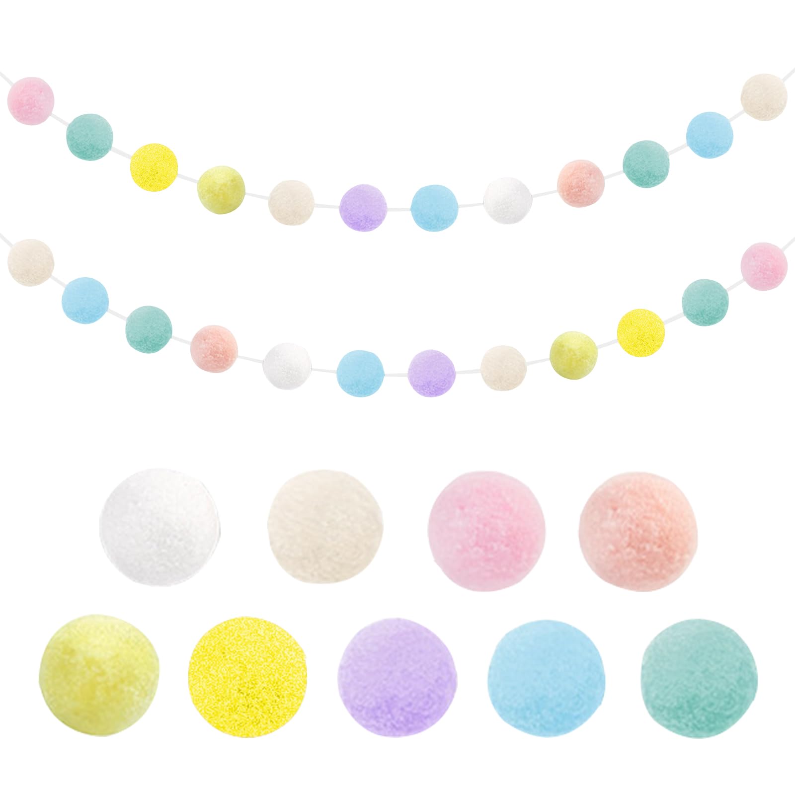 KASESSS 2 Pcs Colorful Pom Pom Garland, PomPom decorations, 9.8 Feet 30 Balls Felt Ball Garland, Rainbow Felt Ball Garlands for Wall Bulletin Board Playroom Christmas Party Birthday (9 Colors)