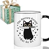 Puouoonyi The Horrors Persist But So Do I Funny Black Cat Coffee Mug, Funny Black Cat With Knife Coffee Mug Gift for Friend Coworkers Cup 11oz