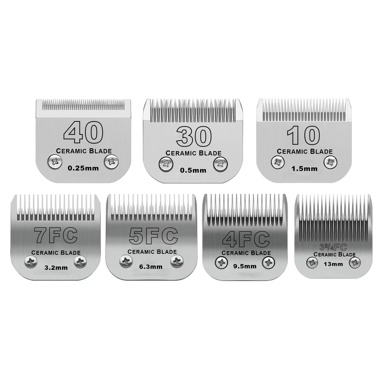 Photo 1 of DODAER Size 40/30/10/7FC/5FC/4FC/3FC Detachable Pet Dog Grooming Clipper Ceramic Blades Set,Compatible with Andis,Oster A5,Wahl KM10 Series Clippers,Cut Length 1/100"(0.25mm) to 1/2"(13mm),7 Pack