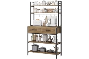 HITHOS Industrial 5-Tier Kitchen Bakers Rack with 2 Drawers, Microwave Oven Stand with Storage Shelves and Hutch, Kitchen Shelf with Storage, Coffee Bar for Living Room, Home Office, Rustic Brown