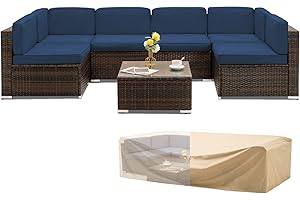 UDPATIO Outdoor Patio Furniture Sets 7 Pieces Outdoor Sectional Couch, PE Rattan Sofa Wicker Patio Conversation Sets with Cover for Yard Deck Balcony Poolside w/Coffee Table Thickened Cushions, Navy