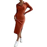 SISKIN Sweater Dress, Fall Slim Fit Long Sleeve Midi Split Polo Cable Knit Solid Color Casual Dresses for Women 2024