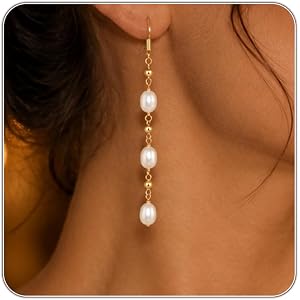 Pearl Earrings for Women Trendy, 14K Gold Plated Dainty Drop Dangle Studs, Small Huggie Hoop Bridal Wedding Prom Jewelry Gift