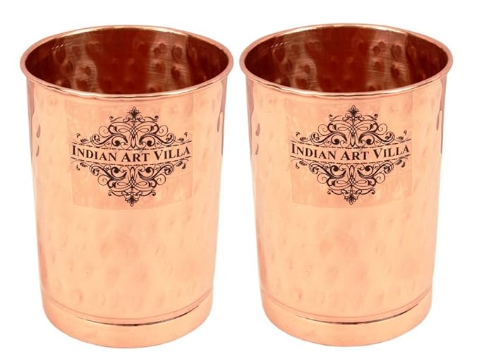 IndianArtVilla Hammered Copper Glass Tumbler,Drinkware & Tableware, 300 ML Each, Set of 2