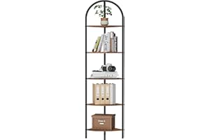 Homhedy 5-Tier Arched Corner Shelf Stand, Wall Corner Bookshelf with Metal Frame, Plant Stand, Industrial Storage Rack Shelf for Living Room, Bedroom, Office, Bathroom, Rustic Brown and Black