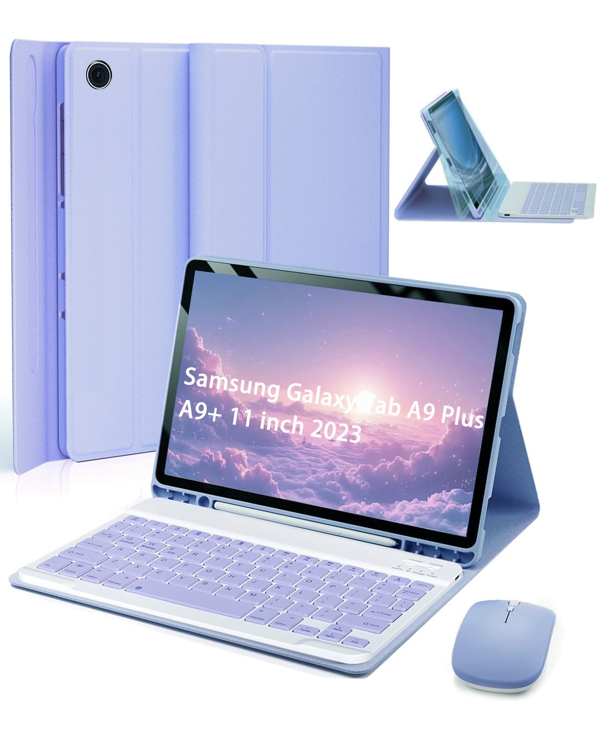 Photo 1 of TUNKARMOR Case Keyboard for Samsung Galaxy Tab A9 Plus / A9+ 11inch 2023 - Mouse and Detachable Magnetic Keyboard, Slim Case with S Pen Holder, Auto Sleep/Wake (Purple)