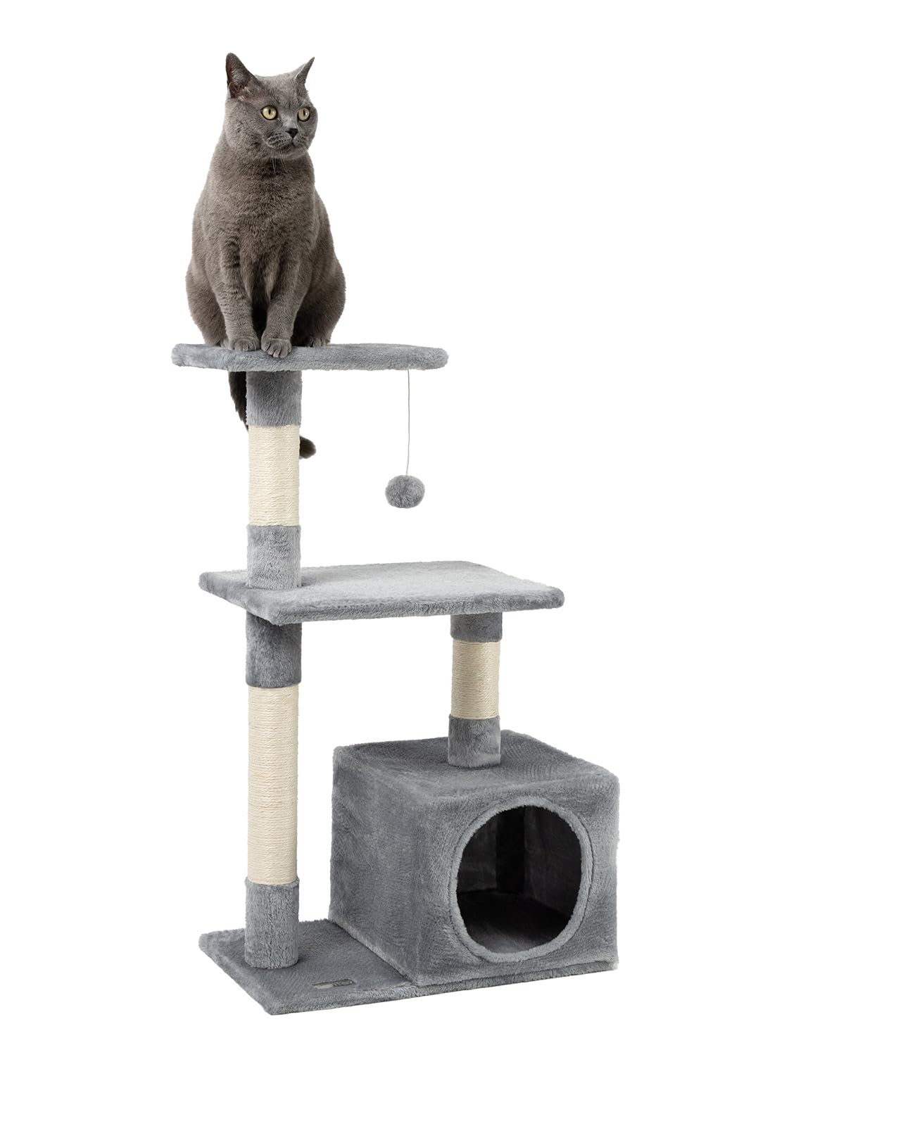 lionto Scratching tree for cats with cave and plush ball incl. bell, height 85 cm, cat tree with sisal & plush, cozy lying areas & cave, suitable for small & large cats, light grey