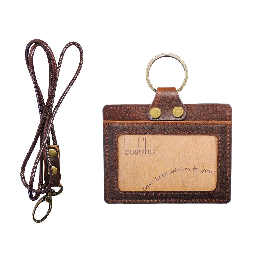Badge Holder: Boshiho Cowhide Leather ID Badge Card Holder with Neck Lanyard, Horizontal Style Credit Card Holders for Office Students Business (Dark Brown1) — image 1