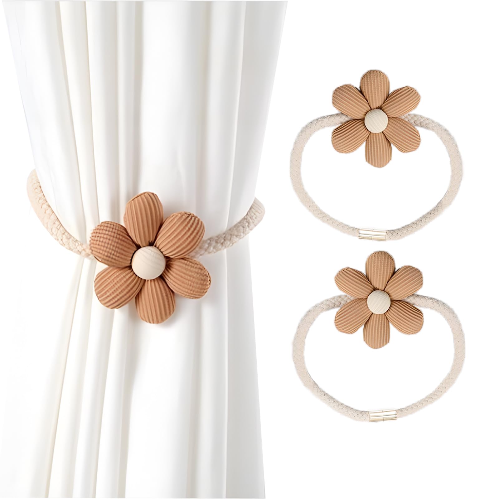 JYJLLM 2 Flower Shaped Curtain Ropes with Magnetic Buckles, Curtain Tiebacks, Coffee Color