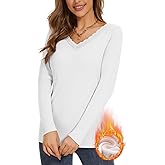 WOWENY Women Thermal Long Sleeve Shirt Fleece Lined Basic Fitted Tops Lace V Neck Undershirts Winter Tight Base Layer