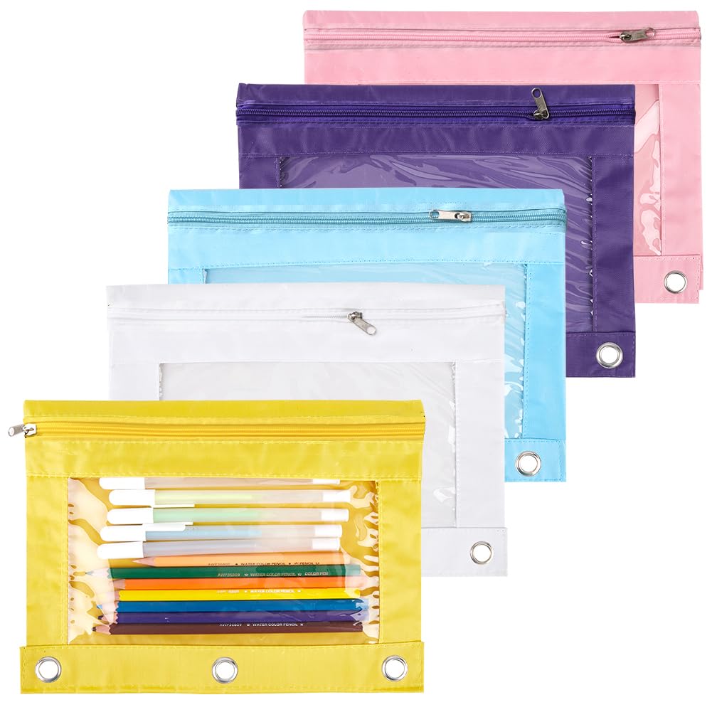 CRASPIRE 10Pcs 5 Colors Zippered Pencil Pouches for 3 Ring Oxford Cloth Pen Bags Cases Pouch Box Cosmetic Bags with Clear Window for Pencil Storing School Teacher Supplies Stationery
