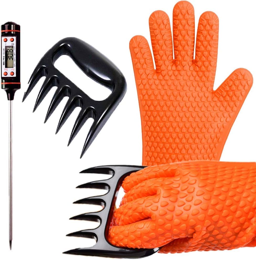 MightyGlovez BBQ-Grill-Gloves Cooking Heat Resistant Silicone Gloves with Meat Claws and Instant Read Digital Thermometer Smoker Accesories (3pcs Set)