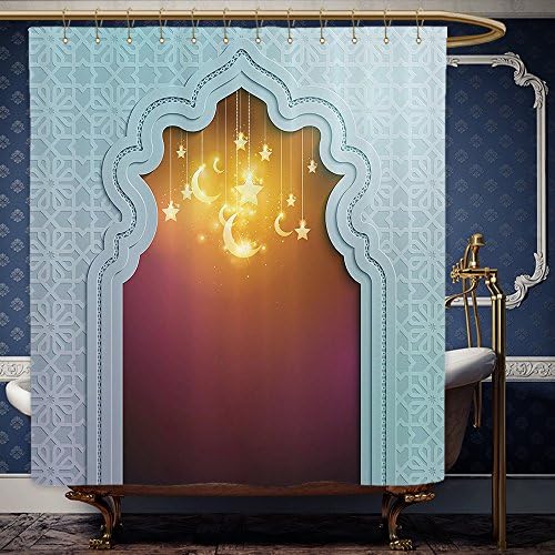 Wanranhome Custom-made shower curtain Moroccan Mosque Door with Bright Star and Moon Ornaments Arabic Words Ramadan Designwith Hooks Turquoise Light Yellow For Bathroom Decoration 36 x 72 inches